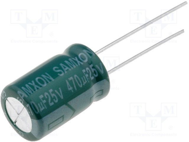 470/25V, 105C, Ø10x16mm, ±20%, Kondensatori zemas induktivitātes, 3000h, SAMXON, ar lokaniem izvadiem