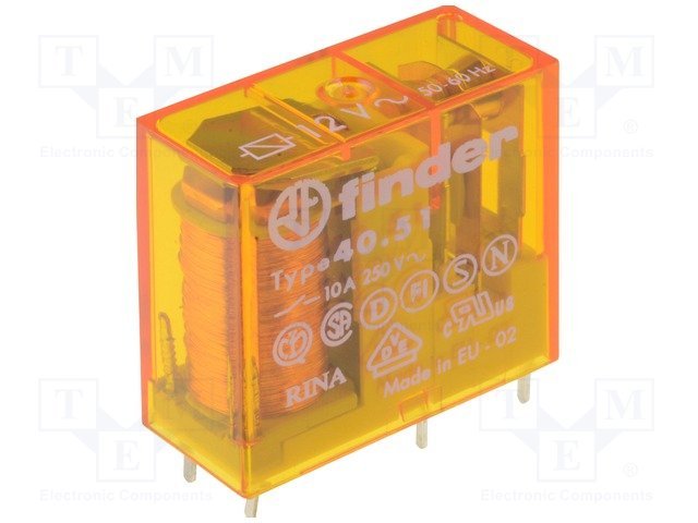 Relejs AC12V, SPDT, 8A/250VAC, 8A/30VDC, 80R(90mA), viens kontakts uz pārslēgšanu, 29x12.4x25mm, FINDER