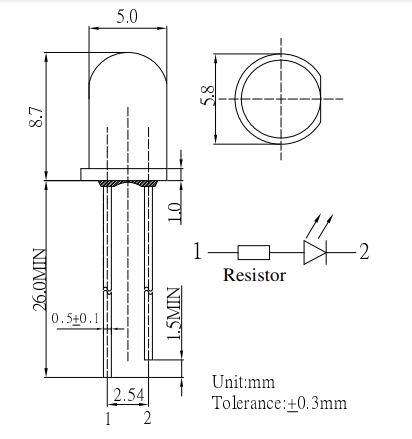 5mm, silta balta, 12V, 2180...3000mcd, 30°, 12V/10-15mA, gaismas diode