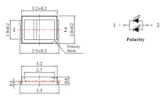 Gaismas diode SMD, sarkans, 3528, 1200-2000mcd, 624nm, 1.6...2.4V/60mA, 2.8x3.5x0.8mm, 120°, PLCC2
