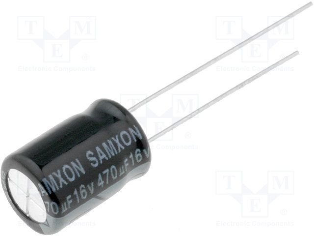 470/16V, 105C, Ø8x12mm, ±20%, Kondensators elektrolītisks, 1000h, SAMXON, ar lokaniem izvadiem