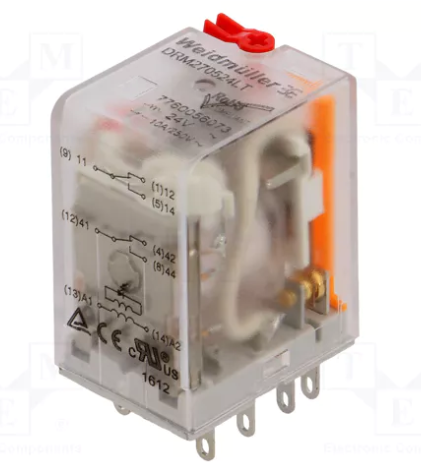Relejs AC24V, DPDT, 2x10A/250VAC, 2x10A/24VDC, 160R(150mA), divi kontakti uz pārslēgšanu, 21.5x28x36mm, WEIDMÜLLER