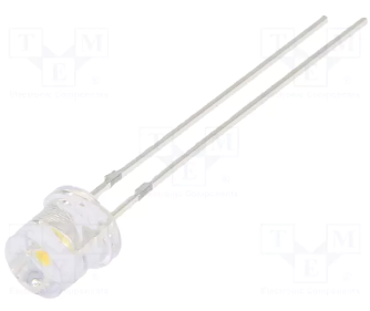 5mm, silta balta, 2180...2500mcd, 140°, 2.9...3.4V/30mA, 2700-3200K, gaismas diode, plakana