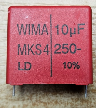 10mkF/250VDC, 160VAC, ±10%, poliesters kondensātors, 27.5mm, 17x29x31.5mm, WIMA