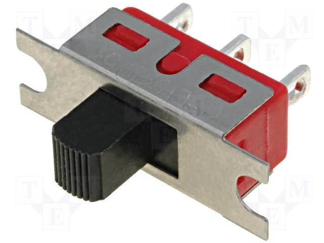 Pārslēdzējs slīdbīdņu SPDT, 5A/120VAC, 5A/28VDC, ON-ON, 19.56x6.1x6.35mm, L=5.08mm, taisns, viens kontakts uz divam stāvoklim