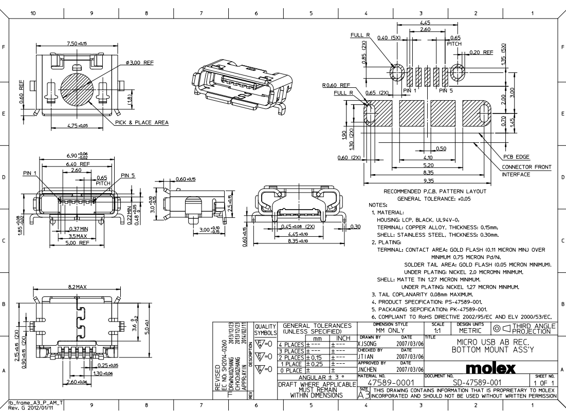 MicroUSB-AB, ligzda 5 pin, leņkisks, SMD veida PCB, 4 piestiprinājuma punkti, kaiņas garums 0.6mm, (Molex)