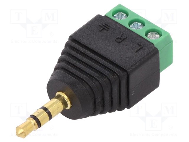 3.5mm štekers, stereo, plastmasas, uz vadu, ar terminalbloku aizmugurā