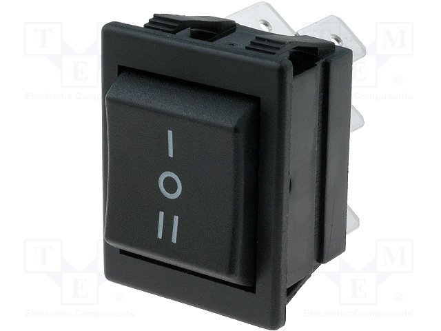 Taustiņslēdzis DP3T, (ON)-OFF-(ON), 16A/250VAC, 20A/28VDC, 25x32mm, melnā krasa, bez fiksācijas