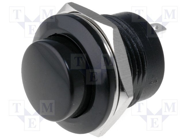 Poga SPST-NO, OFF-(ON), 3A/250VAC, M16, Ø19x23mm, melns/melna krasa, bez fiksacijas