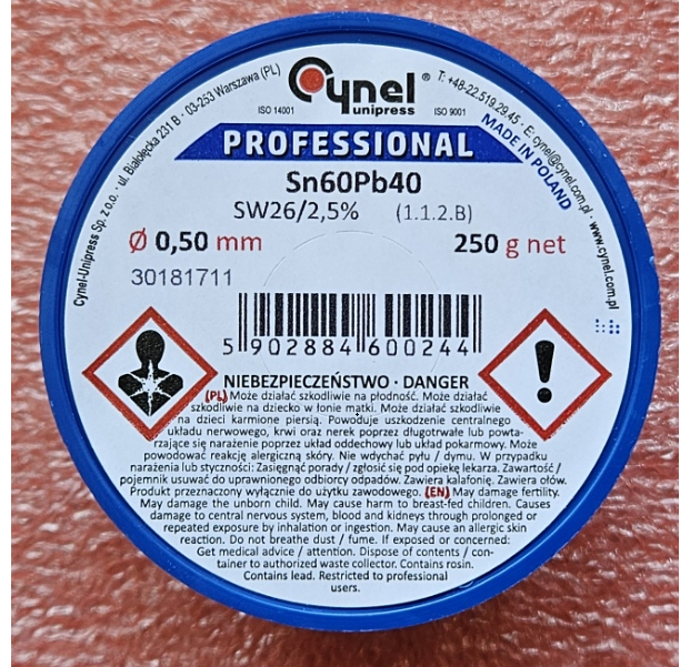 0.5mm 60Sn/40Pb 250g Lodalva ar flusu F-SW26, No Clean, 2.5%, 190°C
