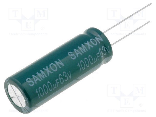 1000/63V, 105C, Ø12.5x35mm, ±20%, Kondensatori zemas induktivitātes, 4000h, Samxon, ar lokaniem izvadiem