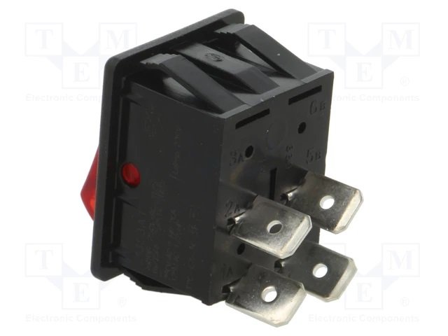Taustiņslēdzis DPST, ON-OFF, 16A/250VAC, 20A/28VDC, 25x33.4mm, apgaism. neona lamp., sarkanā krasa, ar fiksāciju