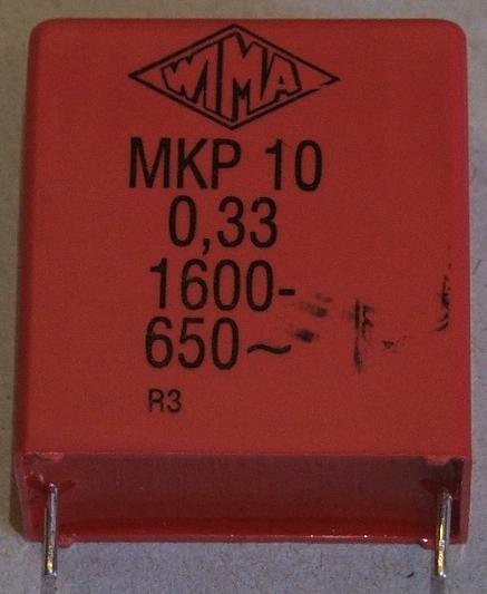 330nF/1600VDC, 650VAC, ±20%, polipropilēns kondensātors 27.5mm, 17x34.5x31.5mm, WIMA