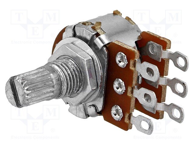 22K stereo, Ø17x11mm, D=6mm, L=9mm, 63mW, ±20%, potenciometrs ar logarimisku atkarību, lodējamie izvadi