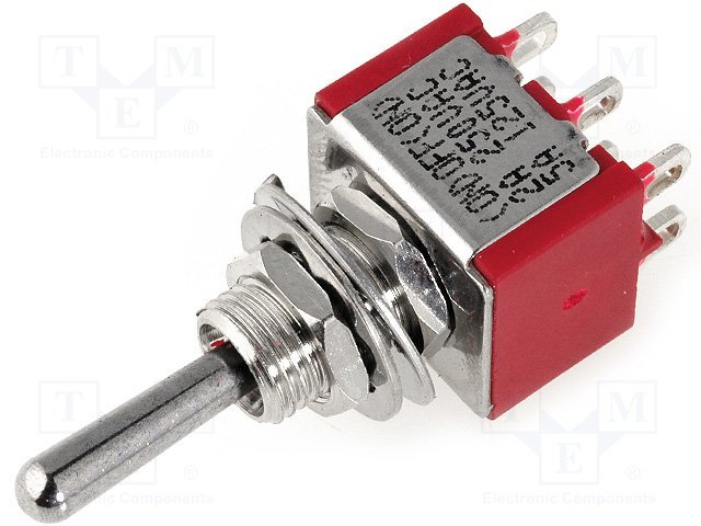 Tumblers, DP3T, (ON)-OFF-(ON), 2A/250VAC, 5A/28VDC, M6, 13.2x12.9x9.5mm, divi kontakti uz trīm stavoklim, bez fiksacijas, IC SWITCHES
