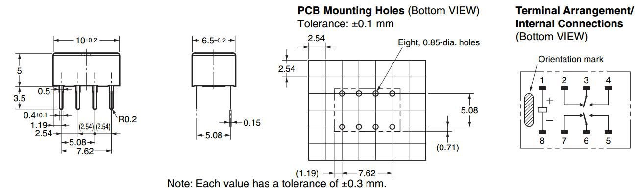 Relejs DC12V, DPDT, 2x0.3A/125VAC, 2x1A/30VDC, 1315Ω(9.1mA), divi kontakti uz pārslēgšanu, 10x6.5x5.2mm, OMRON