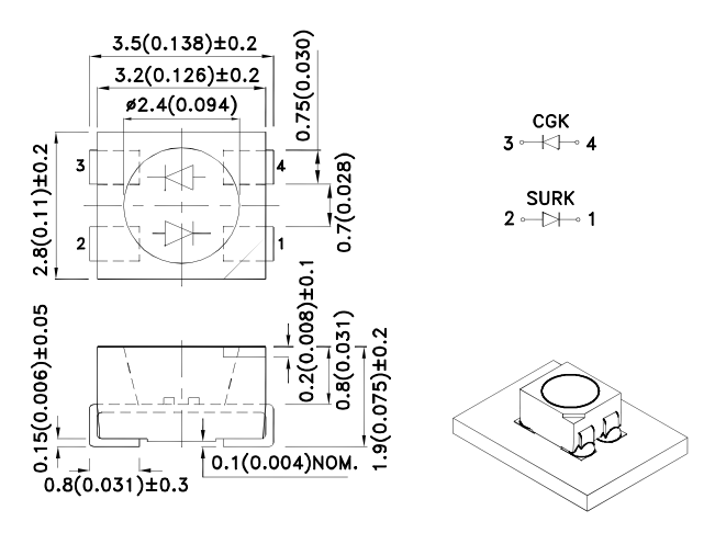 Gaismas diode SMD, sarkans/zaļš, 3528, PLCC4, 200-320/40-80mcd, 1.95...2.5/2.1...2.5V/20mA, 120grad., PLCC4