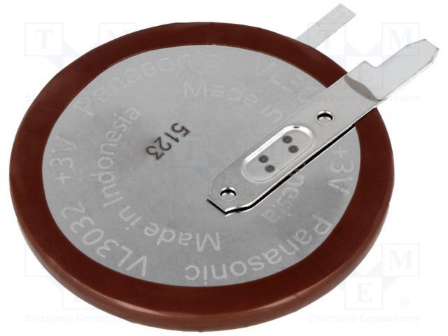 Akumulatori Li-Ion, VL3032, 3.0V, 100maH, Ø30x3.9mm, vertikala, ar kajam, 4gr.