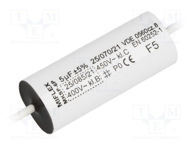 5.0/450V+cable elektromotoru kondensators, Ø16.5x47mm, aksialie izvadi