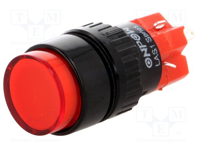Poga SPDT, ON-ON, 3A/250VAC, 2A/24VDC, IP40, M16, ar apg. LED230ВAC/DC, lodējamie kontakti, sarkanā krasa, ar fiksaciju