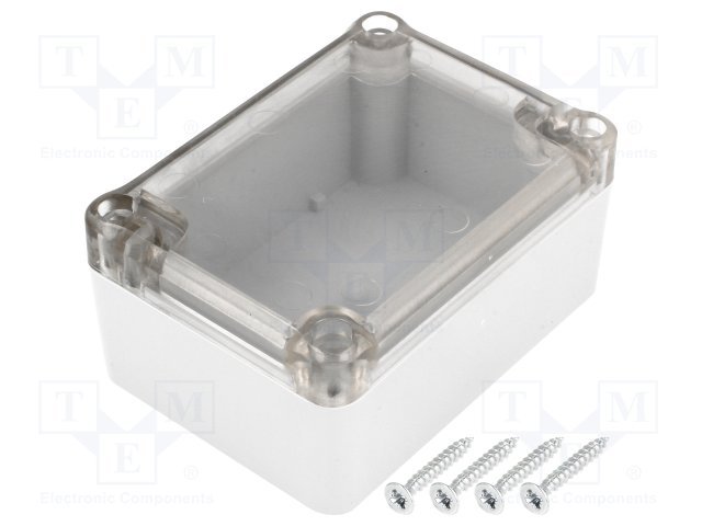 Plastmasas korpuss, 88x64x42mm, IP65, ABS, pelēkā krasa, ar caurspīdīgu vāku