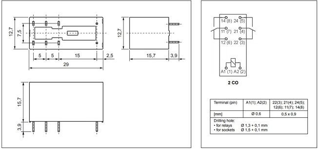 Relejs DC24V, DPDT, 2x8A/250VAC, 2x8A/24VDC,1.44kΩ(16mA), IP67, divi kontakti uz parlēgšanu, 29x12.7x15.7mm, RELPOL