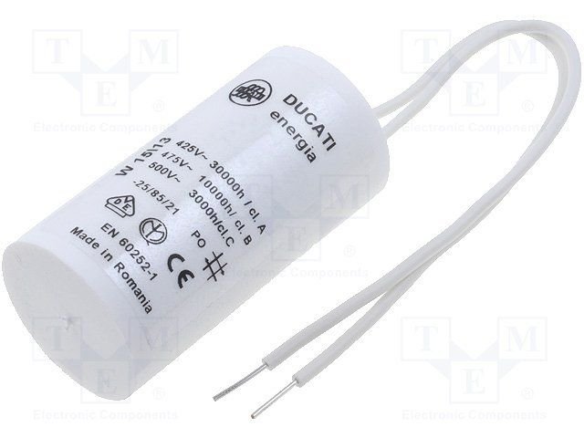 1.5/450VAC+cable elektromotoru kondensators, ±5%, Ø28x55mm, 10000h, DUCATI ENERGIA