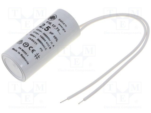 2.5/475V+cable elektromotoru kondensators, ±5%, Ø25x55mm, 10000h, DUCATI ENERGIA
