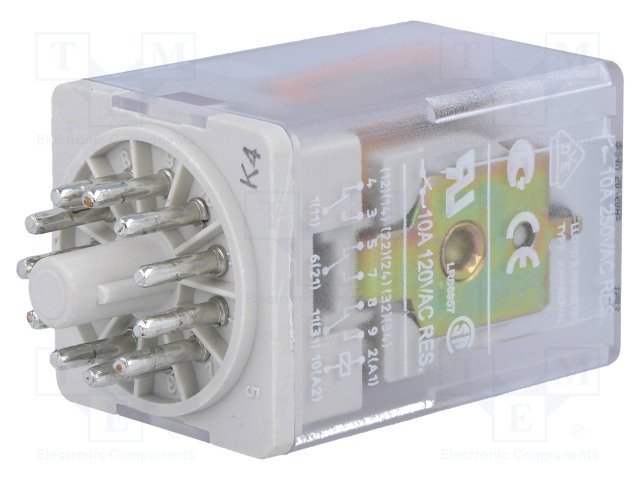Relejs AC24V, 3PDT, 3x10A/250VAC, 3x10A/24VDC, 75R(65mA), trīsi kontakti uz pārslēgšanu, 35x35x54.5mm, RELPOL
