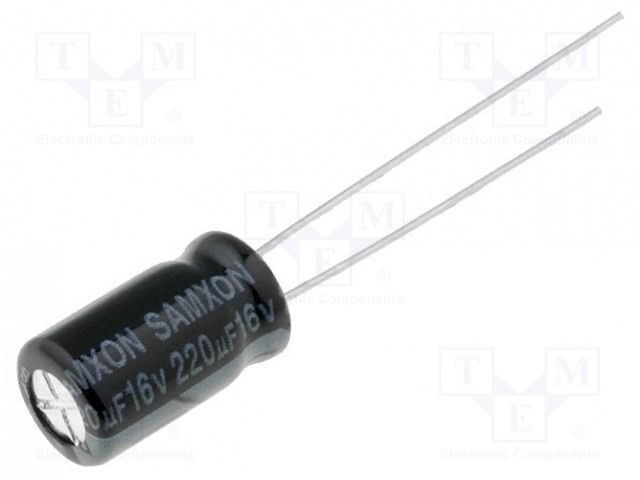 220/16V, 105C, Ø6.3x11mm, ±20%, Kondensators elektrolītisks, 1000h, SAMXON, ar lokaniem izvadiem