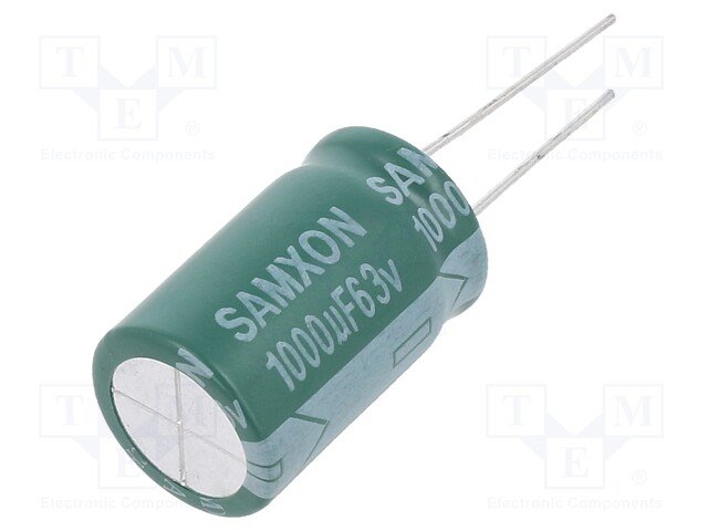 1000/63V, 105C, Ø16x25mm, ±20%, Kondensatori zemas induktivitātes, 2000h, Samxon, ar lokaniem izvadiem