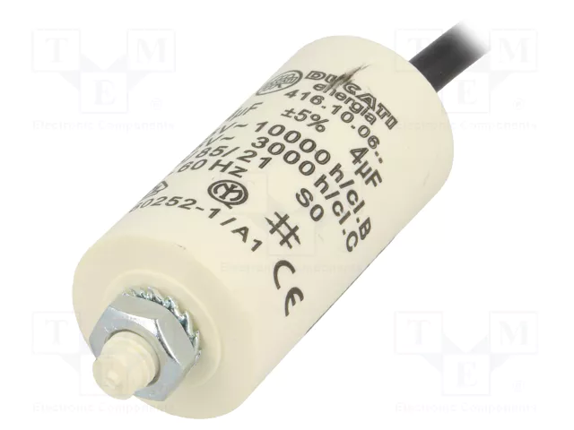 4.0/425V+cable elektromotoru kondensators, ±5%, Ø28x55mm, M8, 10000h, DUCATI ENERGIA