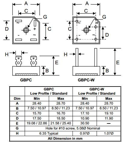 GBPC5010W Tiltiņš, 1000V, 50A, apaļa veida izvadi d=1mm