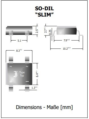 B500S, SMD, 1000V, 1A, 7x6mm, Taisngriežu tilts, SO-DIL