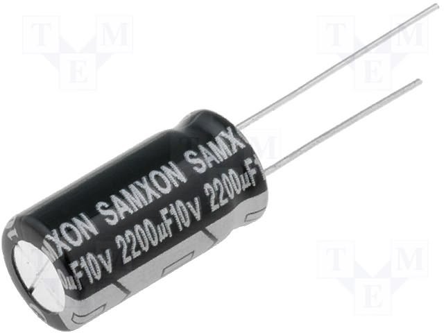2200/10V, 105C Ø10x20mm, ±20%, Kondensatori zemas induktivitātes, 6000h, SAMXON, ar lokaniem izvadiem