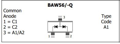 BAW56(A1) SMD 2xDiodes, 85V, 2x0.125A, 350mW, 4ns, (--|<|--/--|>|--), SOT23