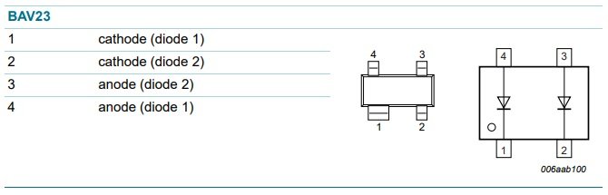 BAV23(*L3) SMD 2xDiodes, 250V, 2x0.125A, 50ns, 250mW, (---|>|---) (---|>|---), SOT143-4