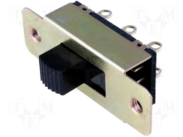 Pārslēdzējs slīdbīdņu DPDT, 1A/24VDC, ON-ON, 22x11x7.6mm, L=6mm, taisns, divi kontakti uz divam stāvoklim