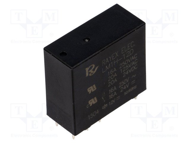 Relejs DC12V, SPDT, 16A/250VAC, 16A/30VDC, 270R(44.4mA), viens kontakts uz pārslēgšanu, AgCdO, 29.4x12.5x25.5mm, RAYEX ELECTRONICS