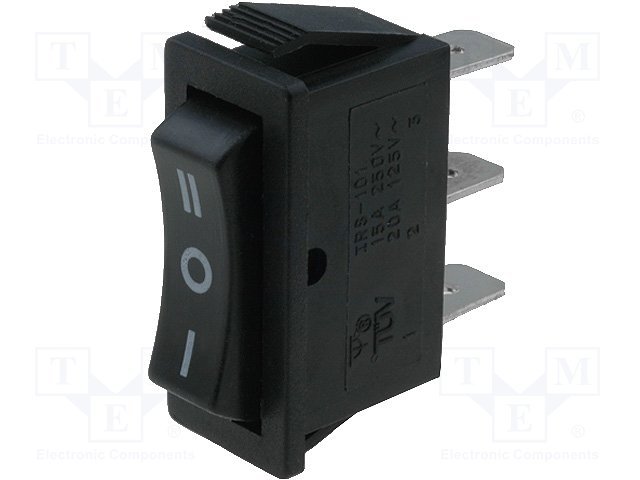 Taustiņslēdzis SP3T, ON-OFF-ON, 15A/250VAC, 14x32x28mm, (--O=), melnā krasa, ar fiksāciju