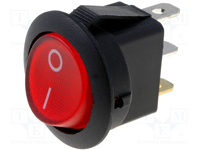 Taustiņslēdzis SPST, OFF-ON, 6A/250VAC, D=23mm, ar apgaism. neon. spul., (--O), sarkana krasa, ar fiksāciju