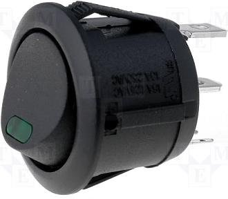 Taustiņslēdzis SPST, OFF-ON, 10A/250VAC, 10A/24VDC, D=23mm, LED2VDC-zaļa, melnā krasa, apaļa, ar fiksāciju