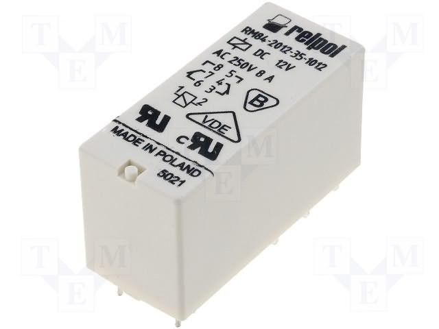 Relejs DC12V, DPDT, 2x8A/250VAC, 2x8A/24VDC, 360R(33.3mA), divi kontakti uz pārslēgšanu, 29x12.7x15.7mm, RELPOL
