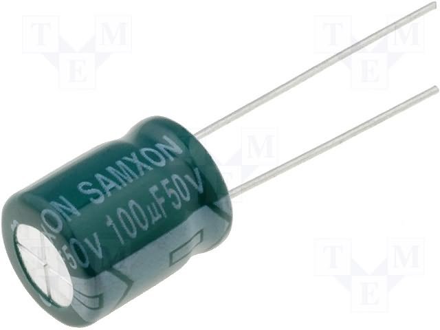 100/50V 105C, Ø10x12.5mm, ±20%, Kondensatori zemas induktivitātes, 3000h, Samxon, ar lokaniem izvadiem
