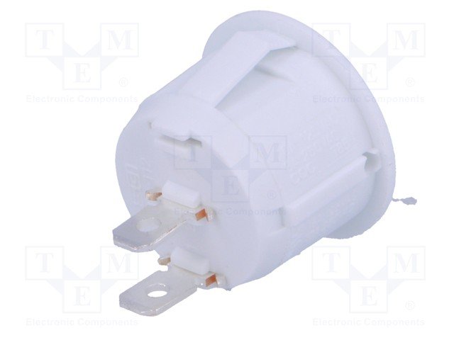 Taustiņslēdzis SPST, OFF-ON, 6A/250VAC, 20A/12VDC, D=23mm, balta krasa, apaļa, ar fiksāciju