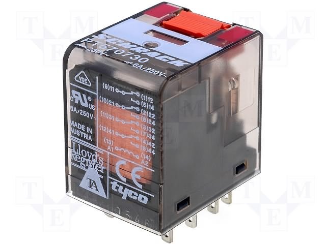 Relejs 230V/AC, 4PDT, 4x6A/240VAC, 4x6A/30VDC, 19465Ω(11.8mA), četras grupas pārslēgšana lodejama 28x22.5x30mm, TE Connectivity