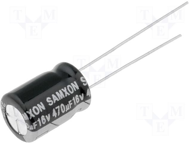 470/16V, 105C, Ø8x11.5mm, ±20%, Kondensatori zemas induktivitātes, 7000h, SAMXON, ar lokaniem izvadiem