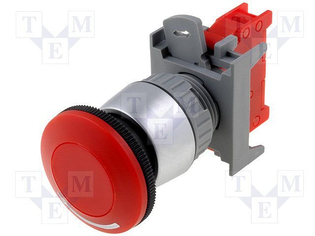 Paneļu slēdzejs, 22mm, 2 poz., OFF-ON, (senite sarkans ar fiksatoru), IP65, 3A/230VAC, viens kont. uz atslēgšānu