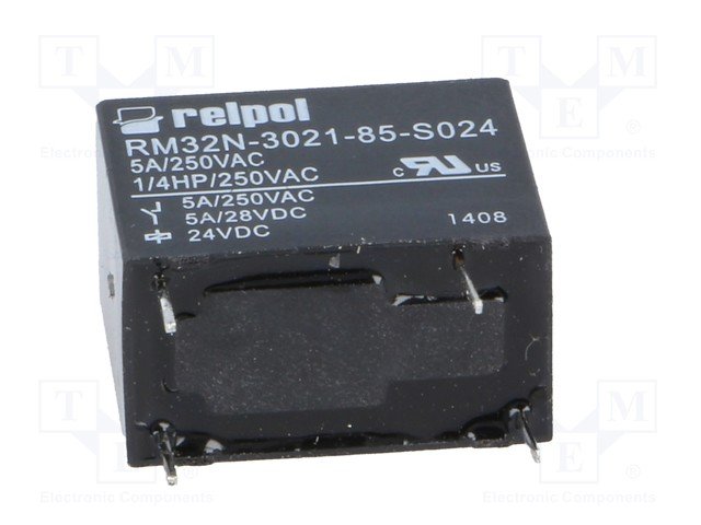 Relejs DC24V, SPST-NO, 5A/250VAC, 5A/28VDC, 2880Ω(8.3mA), viens kontakts uz sasslēgšanu, 18.8x10.6x15.3mm, RELPOL