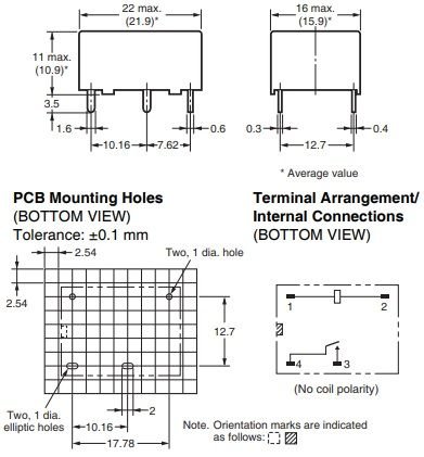 Relejs DC12V, SPST-NO, 10A/250VAC, 10A/30VDC, 720Ω(16.6mA), viens kontakts uz saslēgšanu, 22x16x11mm, OMRON